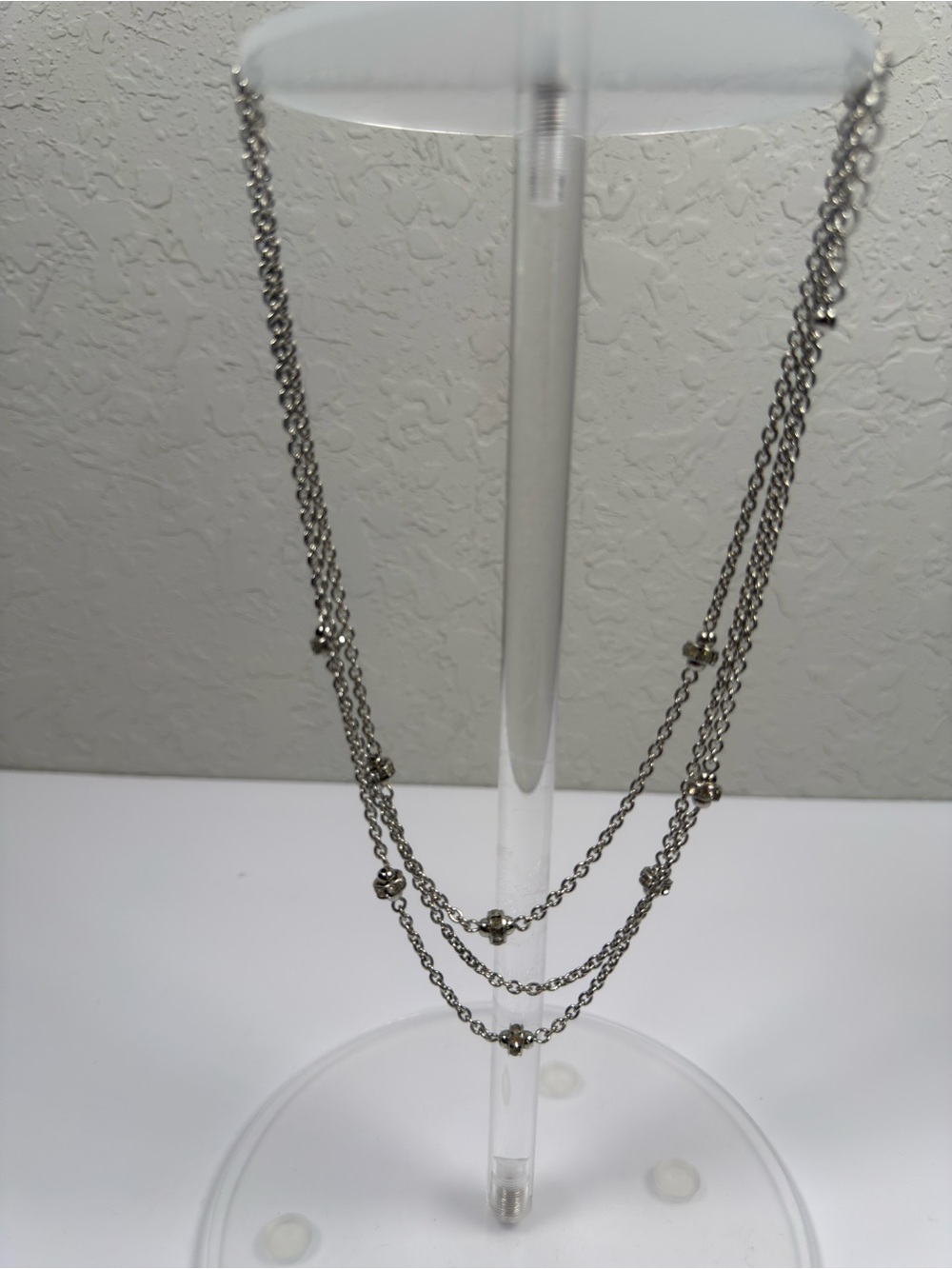 Silver Tone Multi Strand Layered Necklace with Crystal Spacer Beads